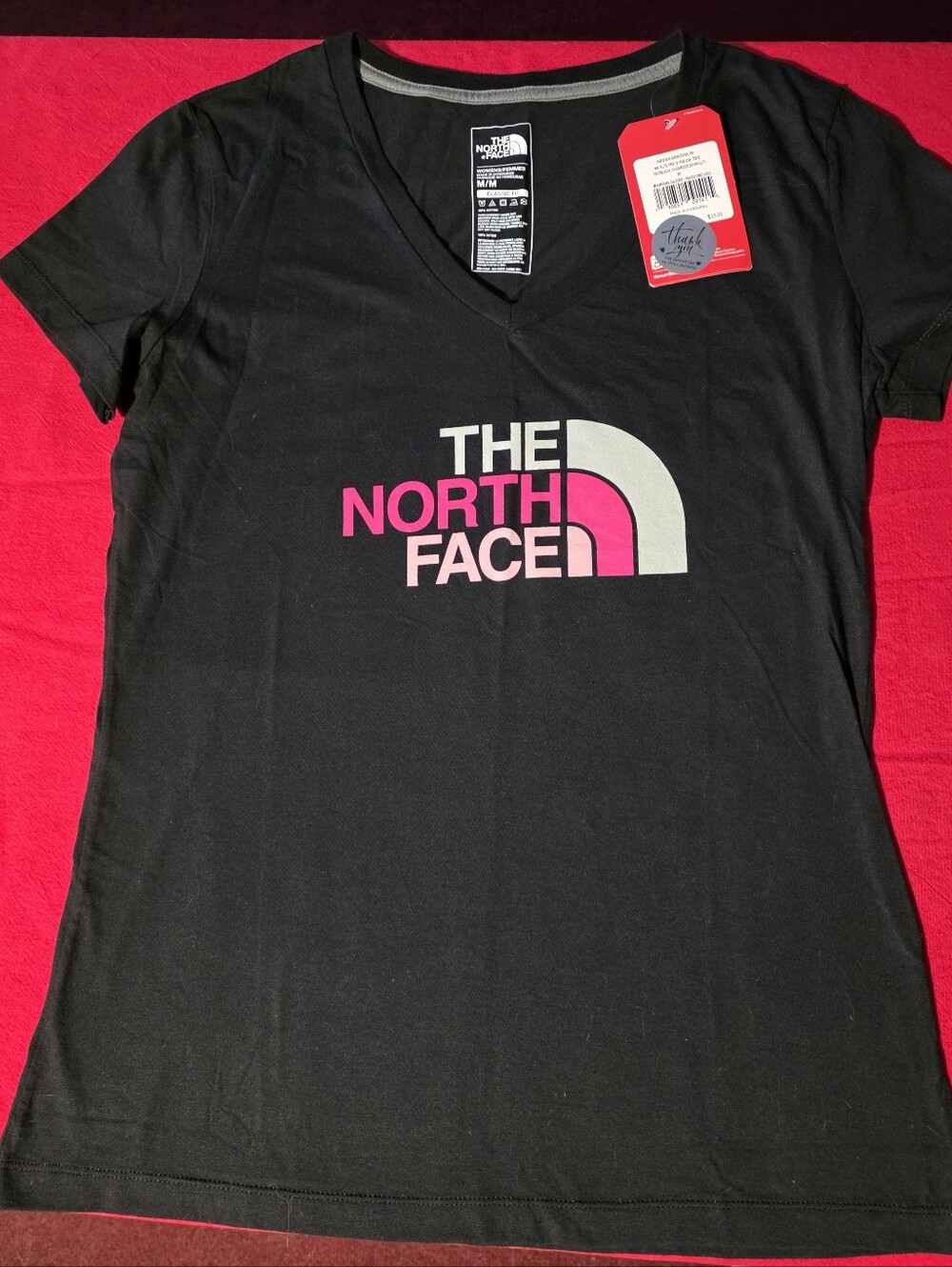 The North Face Women's Black V-Neck Tee with Pink & Gray Logo